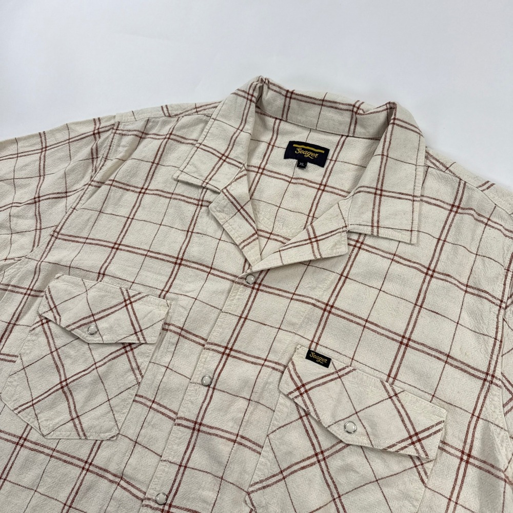 Seager Whippersnapper Shirt Mens XL White Wash Plaid Linen Blend Pearl Snap